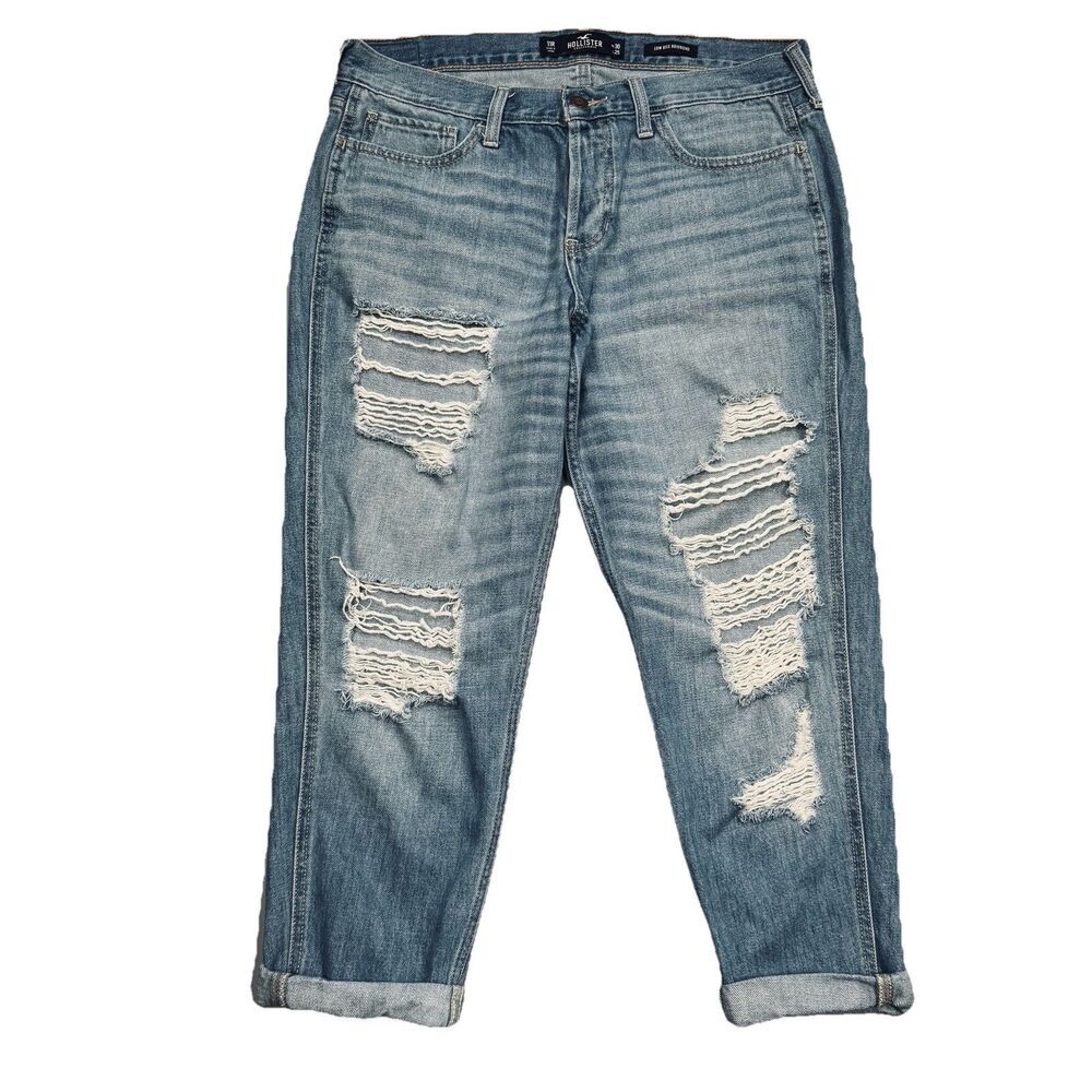 Hollister Boyfriend Crop Jeans 11 Blue Distressed Cuffed Button Measures 33 x 23
